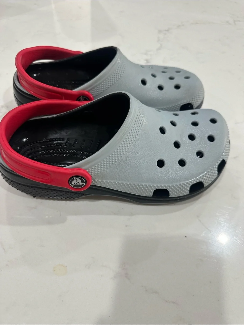 Kids Gray CROCS shoes with Red Strap